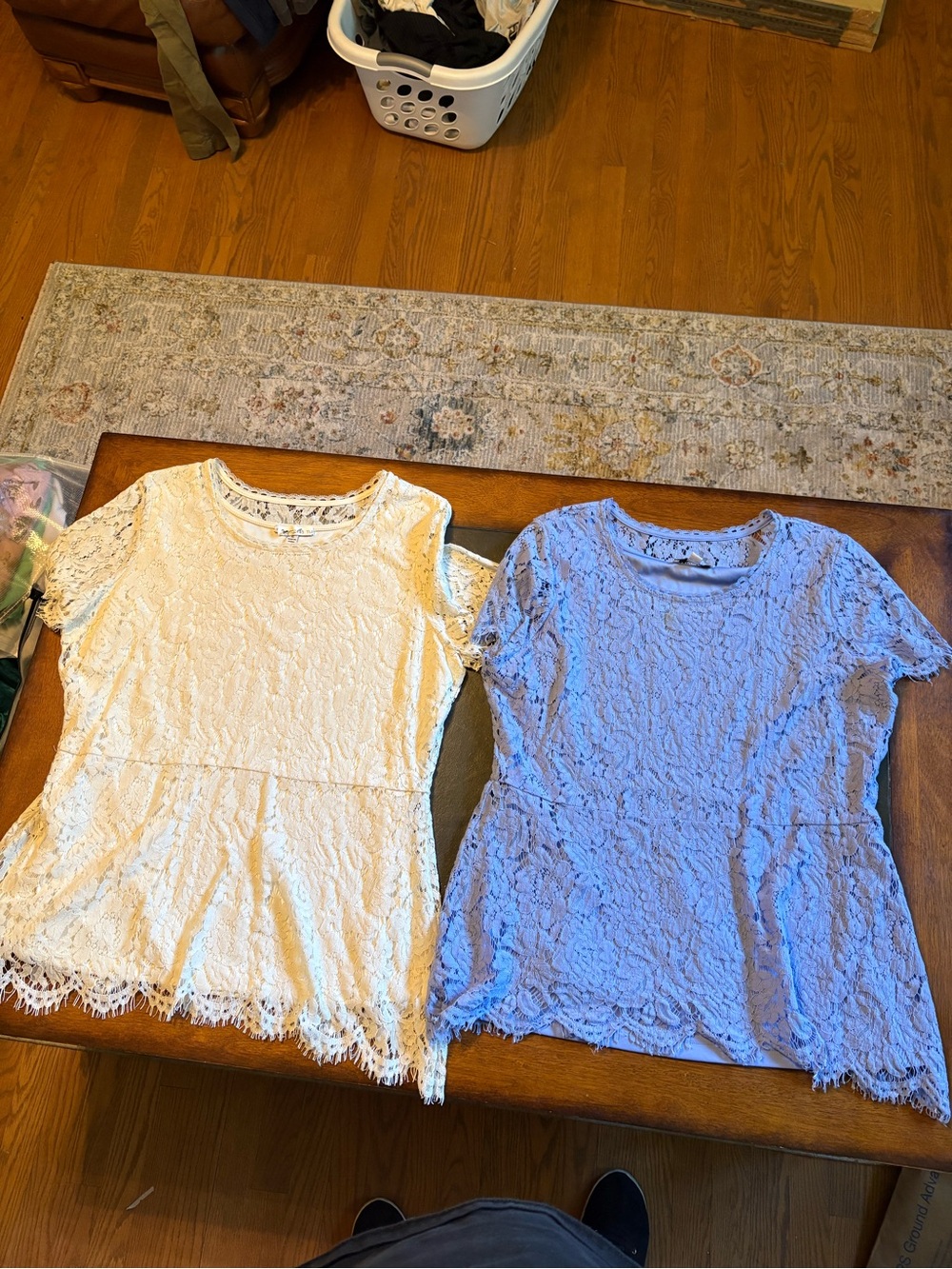 Isaac Mizrahi Lace Peplum Top in Cream and Light Blue
